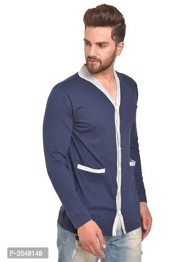 Navy Blue Cotton Long Sleeves Solid Cardigan-thumb3