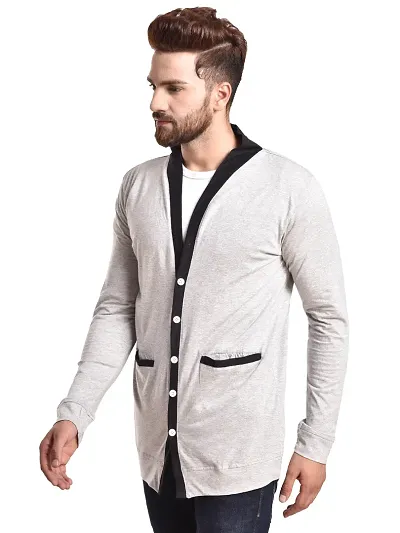 Silver Cotton Long Sleeves Solid Cardigan