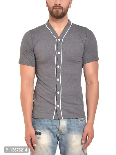 PAUSE V Neck Solid Cotton Slim Fit Short Sleeve Men's Baseball Shirt Grey