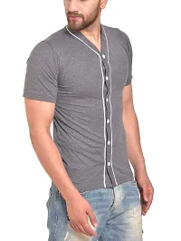 PAUSE V Neck Solid Cotton Slim Fit Short Sleeve Men's Baseball Shirt Grey-thumb2