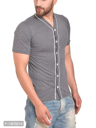 PAUSE V Neck Solid Cotton Slim Fit Short Sleeve Men's Baseball Shirt Grey-thumb3