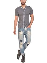 PAUSE V Neck Solid Cotton Slim Fit Short Sleeve Men's Baseball Shirt Grey-thumb1