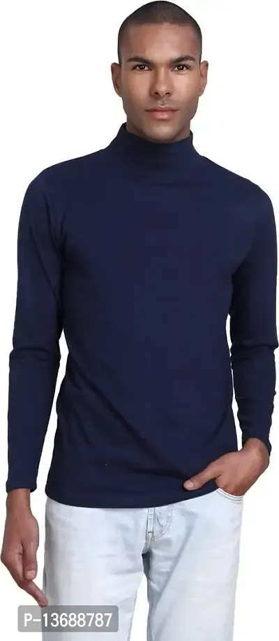 PAUSE Sport Regular fit Solid Men's Turtle Neck Full Sleeve Cotton Blend T Shirts for Men & Boy's (Dark Blue NPS_PACT01181157-BLU-L)