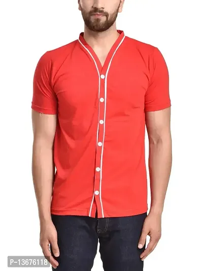 PAUSE V Neck Solid Cotton Slim Fit Short Sleeve Men's Baseball Shirt Red-thumb0