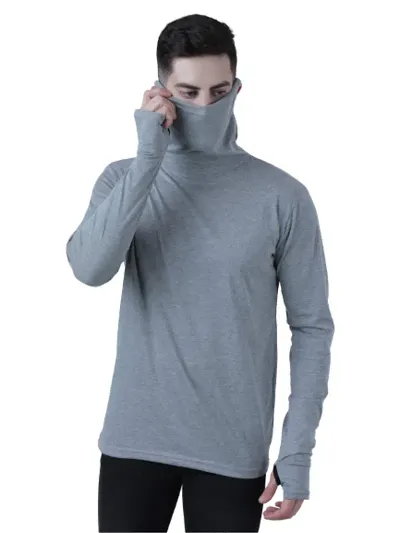 Pause Black Solid Turtle Neck Slim Fit Full Sleeve Men's Mask T-Shirt