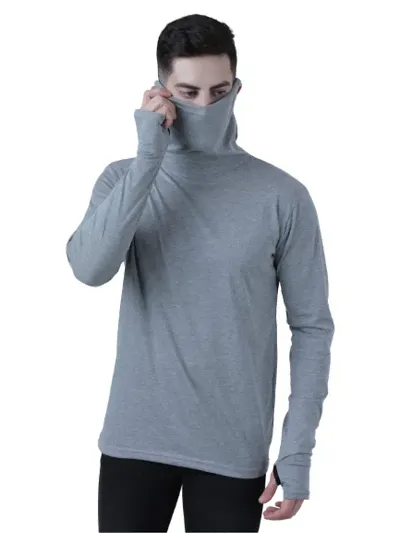 Pause Solid Turtle Neck Slim Fit Full Sleeve Men's Mask T-Shirt