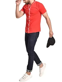 PAUSE V Neck Solid Cotton Slim Fit Short Sleeve Men's Baseball Shirt Red-thumb1