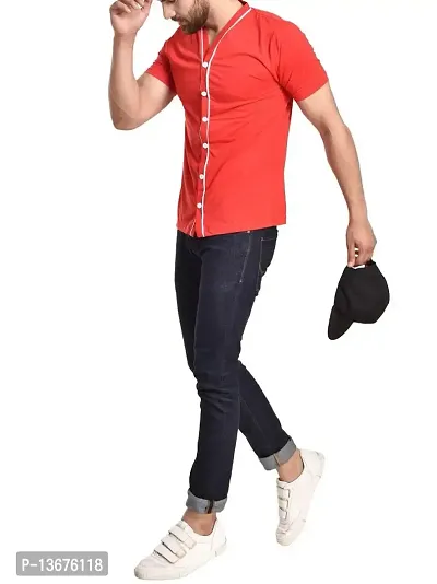 PAUSE V Neck Solid Cotton Slim Fit Short Sleeve Men's Baseball Shirt Red-thumb2