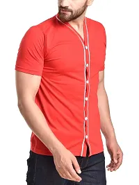 PAUSE V Neck Solid Cotton Slim Fit Short Sleeve Men's Baseball Shirt Red-thumb2