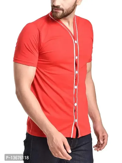 PAUSE V Neck Solid Cotton Slim Fit Short Sleeve Men's Baseball Shirt Red-thumb3