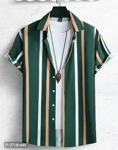 Reliable Green Cotton Striped Short Sleeves Casual Shirts For Men-thumb0