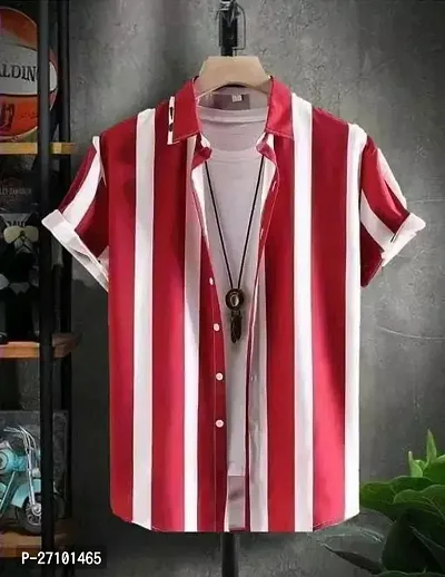 Reliable Red Cotton Striped Short Sleeves Casual Shirts For Men-thumb0