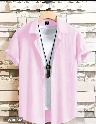 Reliable Pink Cotton Solid Short Sleeves Casual Shirts For Men-thumb0