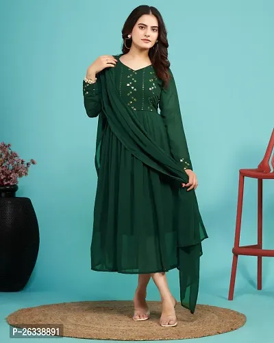Designer Green Cotton Blend Ethnic Gown With Dupatta For Women