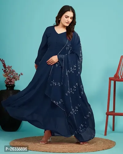 Designer Navy Blue Cotton Blend Ethnic Gown With Dupatta For Women