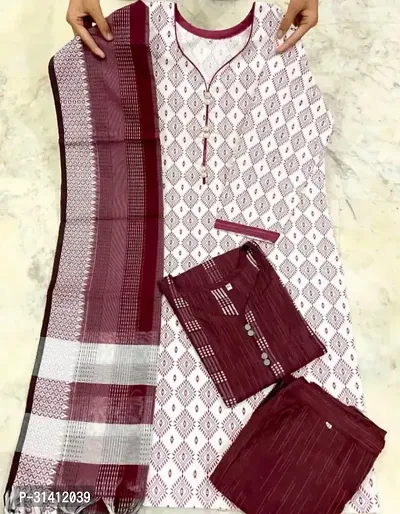 Attractive Red Printed Cotton Two Top Kurta With Pant And Dupatta-thumb0