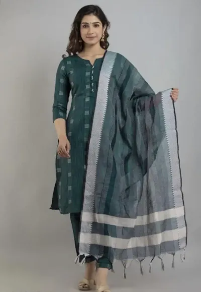 Stylish A-Line Khadi Cotton Kurta Bottom Dupatta Set