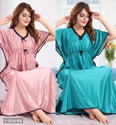 Elegant Silk Blend Solid Night Gown For Women- Pack Of 2-thumb0