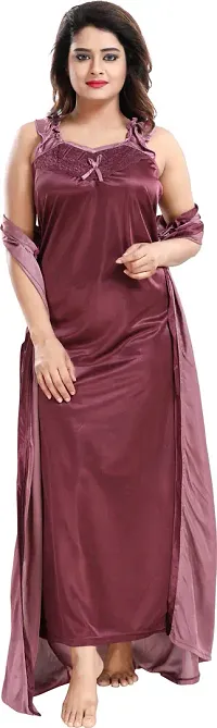 Classy Satin Solid Nighty with Robe For Women Pack Of 2-thumb3