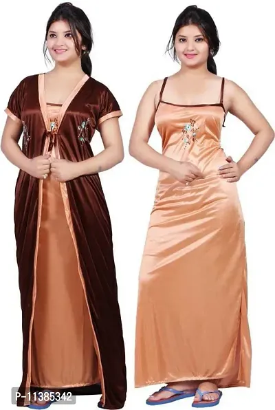 Classy Satin Embroidered Nighty with Robe For Women