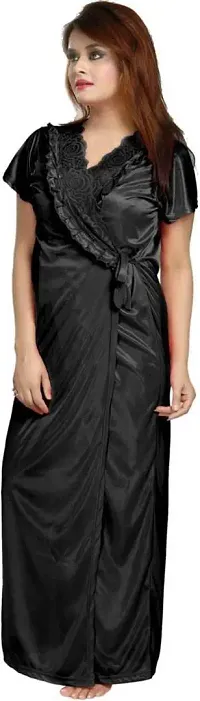 Elegant Black Satin Solid Nighty Set For Women-thumb3