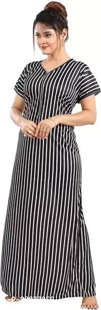 Elegant Black Satin Striped Nighty For Women-thumb0