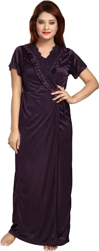 Elegant Navy Blue Satin Embroidered Nighty Set For Women-thumb2