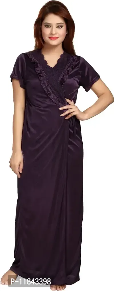 Elegant Navy Blue Satin Embroidered Nighty Set For Women-thumb3