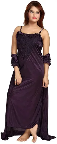 Elegant Purple Satin Solid Nighty With Robe For Women Pack Of 2-thumb2