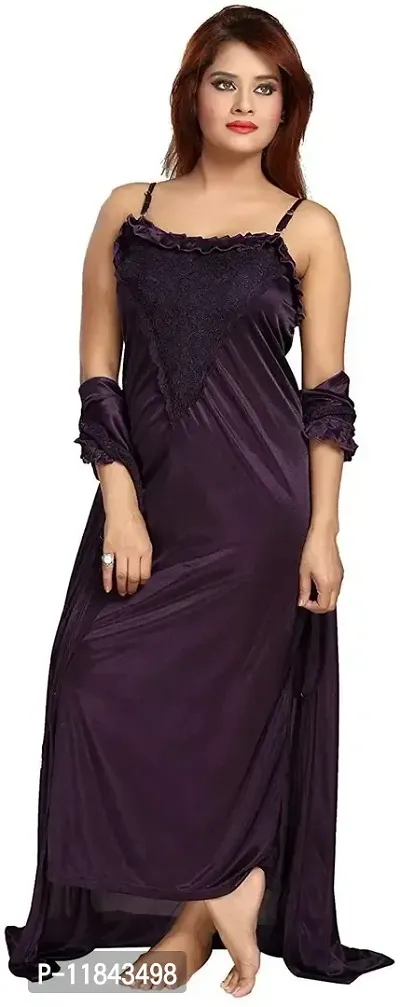 Elegant Purple Satin Solid Nighty With Robe For Women Pack Of 2-thumb3