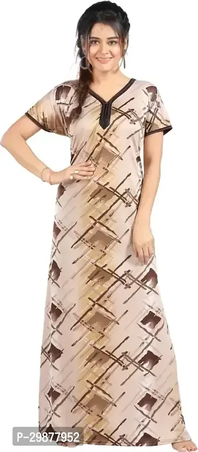 Elegant Beige Satin Printed Nighty For Women-thumb0