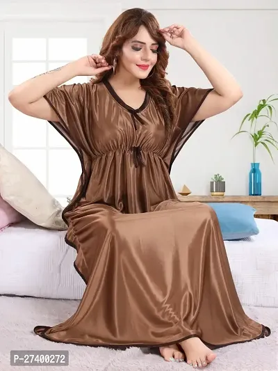 Stylish Brown Satin Kaftan Nighty For Women-thumb0