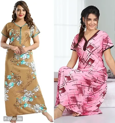 Stylish Multicoloured Satin Nighty For Women Pack Of 2