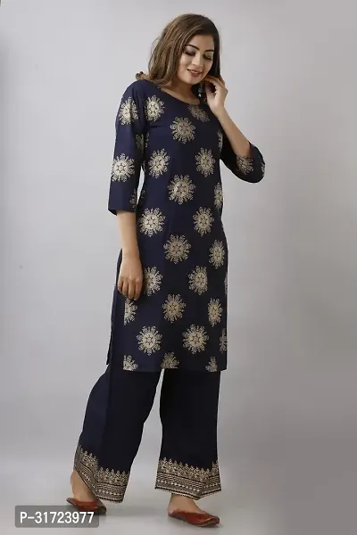 Fabulous Navy Blue Cotton Printed Kurta with Palazzo Set For Women-thumb0