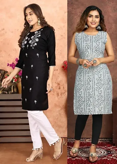 Stylish Cotton Blend Straight Embroidered Kurtis - Pack Of 2