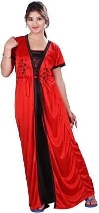 Elegant Red Satin Embroidered Nighty Set For Women, Combo-thumb3