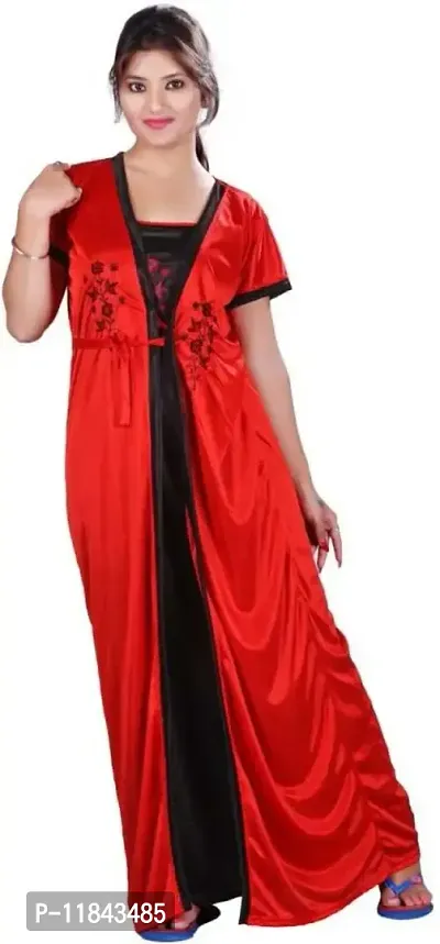 Elegant Red Satin Embroidered Nighty Set For Women, Combo-thumb4