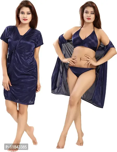 Elegant Navy Blue Satin Solid Nighty Set For Women-thumb0