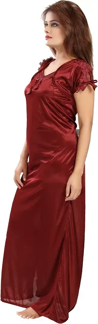 Elegant Maroon Satin Solid Nighty For Women-thumb2