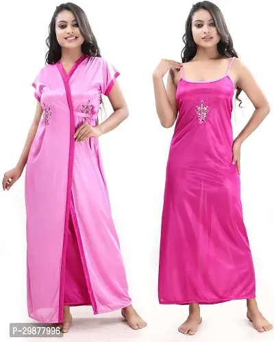 Elegant Pink Satin Printed Nighty With Robe For Women-thumb0