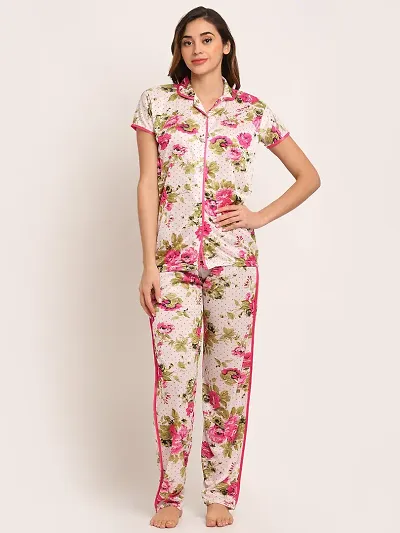 Floral Print Satin Night Shirt Pyjama Set For Women