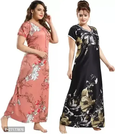 Stylish Multicoloured Satin Nighty For Women Pack Of 2