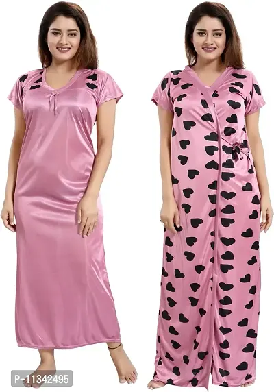 Classy Satin Printed Nighty with Robe For Women Pack Of 2-thumb0