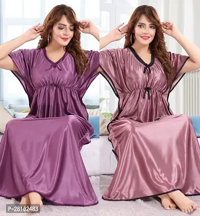 Elegant Silk Blend Solid Night Gown For Women- Pack Of 2-thumb0