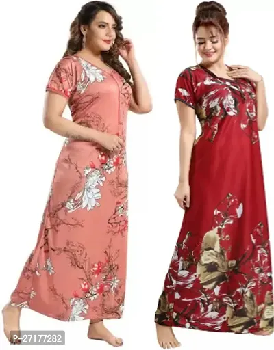 Stylish Multicoloured Satin Nighty For Women Pack Of 2