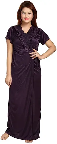 Elegant Purple Satin Solid Nighty With Robe For Women Pack Of 2-thumb3