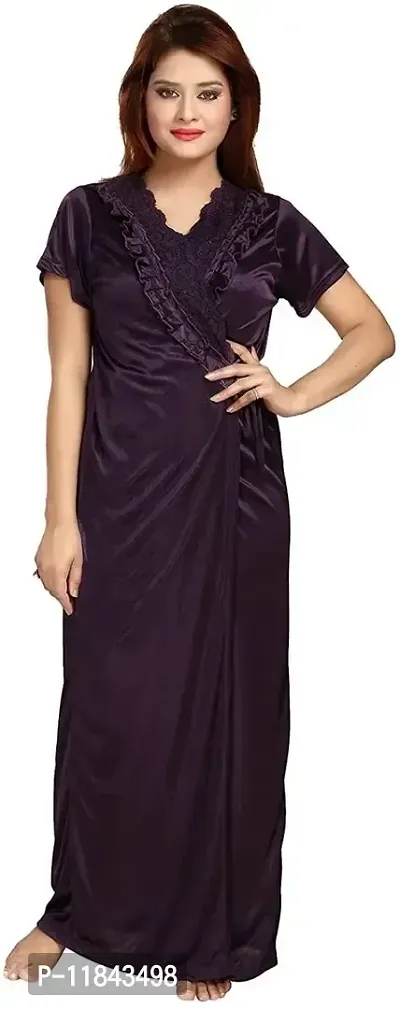 Elegant Purple Satin Solid Nighty With Robe For Women Pack Of 2-thumb2