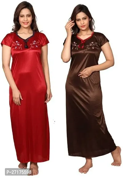 Stylish Multicoloured Satin Nighty For Women Pack Of 2-thumb0