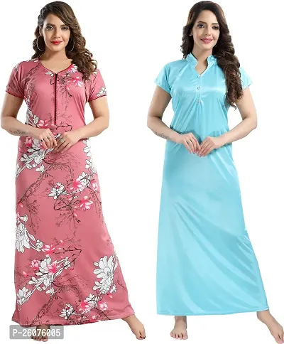 Stylish Multicoloured Satin Nighty For Women Pack Of 2-thumb0