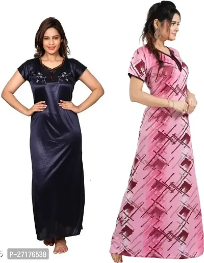 Stylish Multicoloured Satin Nighty For Women Pack Of 2